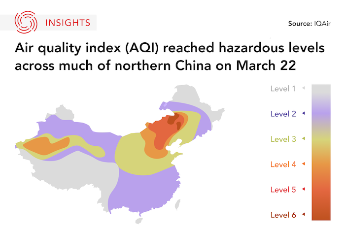 Map of sandstorm pollution in China March 30 2023