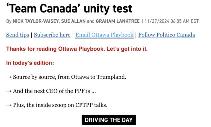 Ottawa Playbook Politico Newsletter 